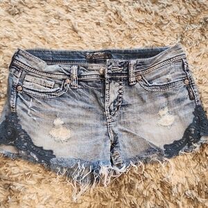 Denim Blue Women's Shorts with Lace Trim